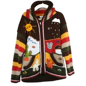 Peruvian Cardigan 3D Embroidered Animal Size 6 Youth Full Zip Hoodie Wool Knit